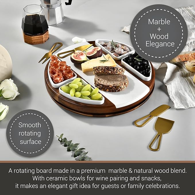 Shanik Acacia Wood Lazy Susan Cheese Board Set ??Rotating Charcuterie Platter with 4 Ceramic Bowls & Knives, Round Serving Tray for Weddings & Parties