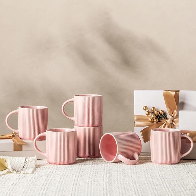 GBhome Coffee Mugs Set for 6, 11oz Coffee Cups with Handle for Man,Woman,Dad,Mom, Stoneware Mugs Sets for Coffee, Latte,Tea, Hot Cocoa, Milk, Dishwasher&Microwave Safe,Pink