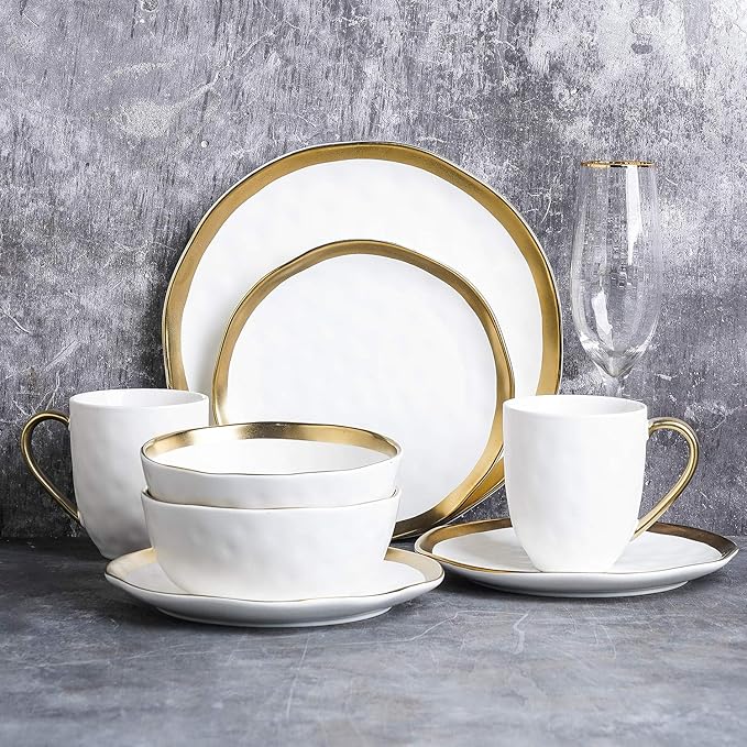 Stone Lain Modern Poreclain 16 Piece Dinnerware Set, Plates and Bowls Set, Dish set for 4, White And Golden Rim