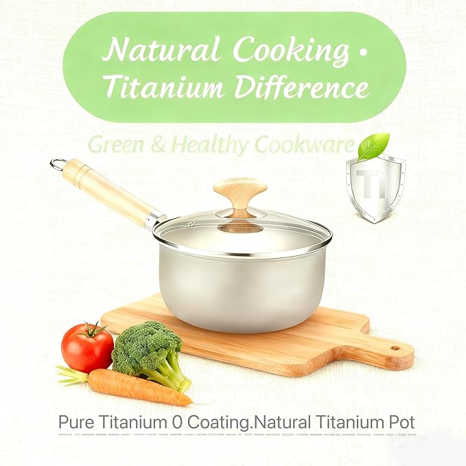 Tianium Sauce Pot with Lid,Nonstick 2.0 Quarts Small Pot With Handle,Pure Titanium Non-Coating Small Kitchen Cooking Pot, Light Weight,Easy to clean.