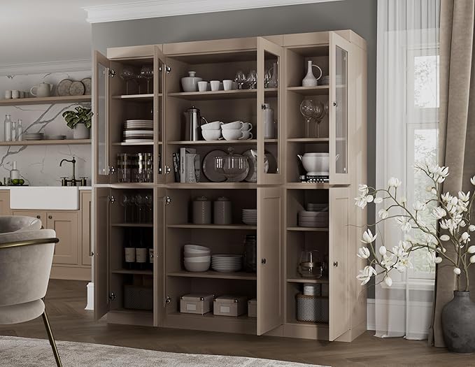 Palace Imports 100% Solid Wood Kitchen China Pantry Cabinet, 65" W - 4 Clear Glass & 4 Shaker Doors, Renewable Eco-Friendly Wood, Made in Brazil (Beige, 8 China/Shaker Doors | NO Drawers)
