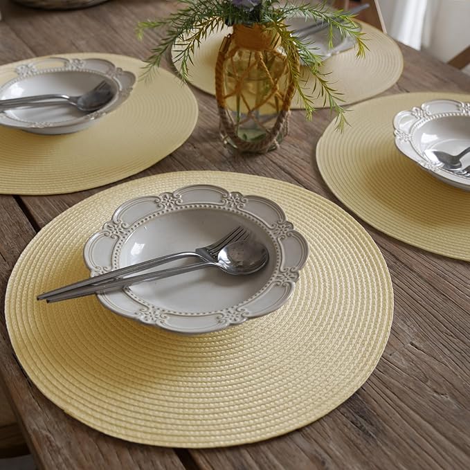FunWheat Round Braided Placemats Set of 8 Place Mats for Dining Table Woven Washable Non-Slip Table Mats 15 Inch(Ivory,8pcs)