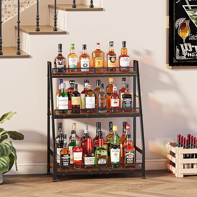 3-Tier (Safe Height for Kids & Pets) Expanded Liquor Stand, Trapezoid Wine Rack Freestanding Floor, Large-Capacity Bar Stand for Liquor Whiskey Wine Storage, Vintage Liquor Cabinet Bar for Home