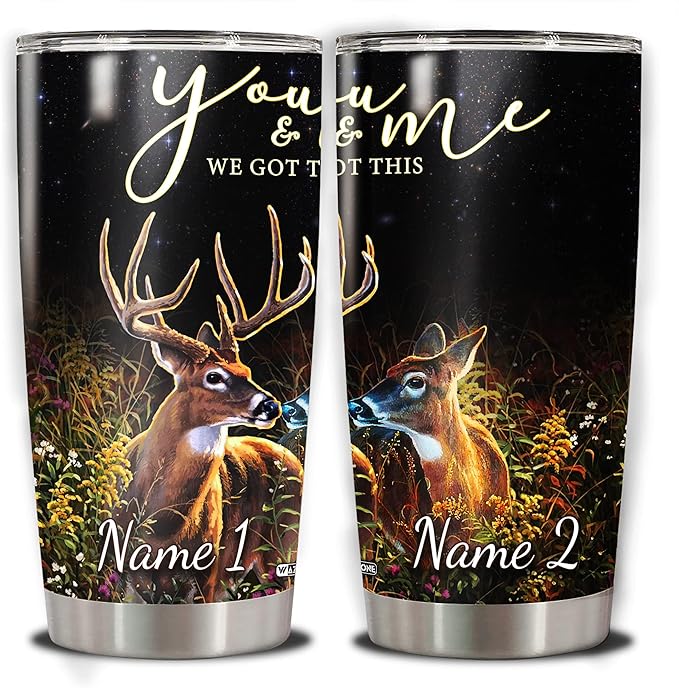 WAZONE Personalized Deer Couple Tumbler Customized Name Deers Travel Gift For Couples On Valentines Day Christmas Anniversary Double Wall Insulated 20 30oz Stainless Steel Cup