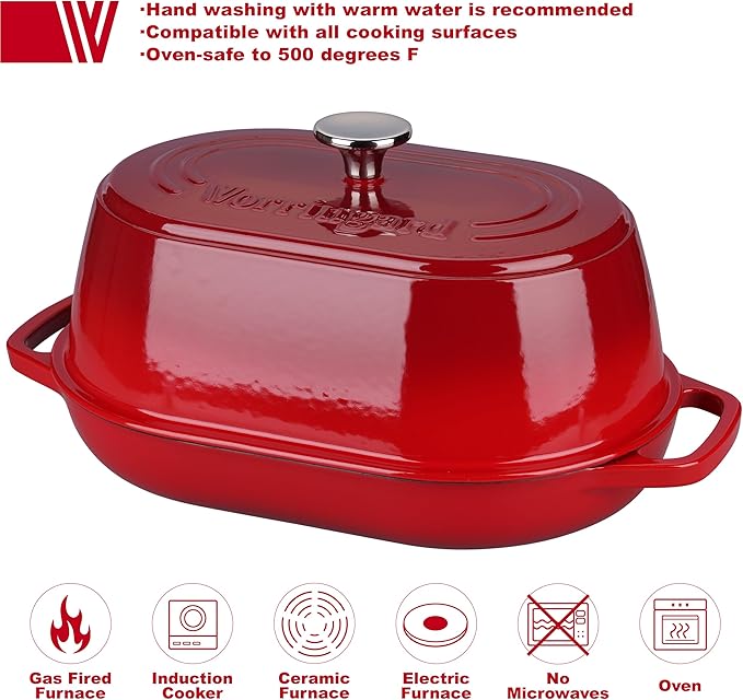 Enameled Cast Iron Dutch Oven Pot with Dome Lid, Oval Bread Oven for Homemade Sourdough Bread Baking, Oven Safe up to 500째F, 6 Quart, Red