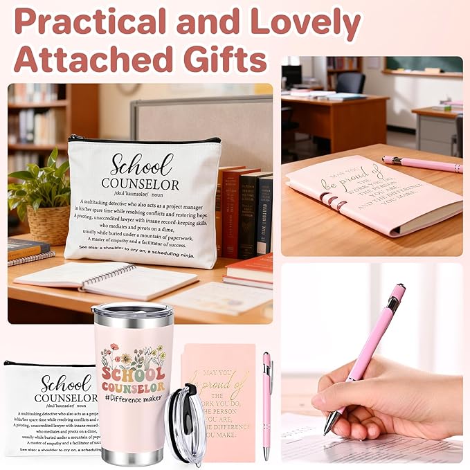 Lifecapido 4Pcs School Counselor Appreciation Gifts, 20oz Counselor Appreciation Insulated Tumbler with Lid & Straw, Makeup Bag, Notebook, Ballpoint Pen, Thank You Gifts for Educator Teacher(Pink)