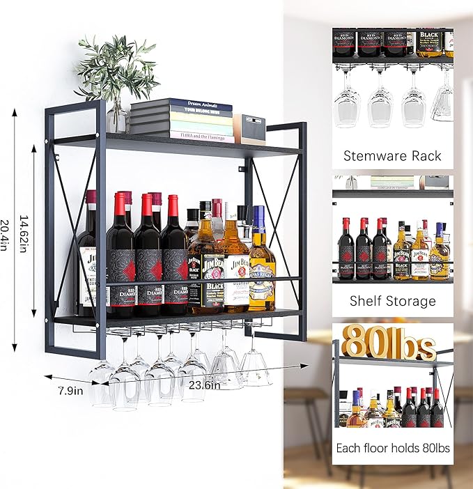 Dokser Wine Rack Wall Mounted 2 Tier Shelf, Wall Wine Rack with Rustic Wood & Industrial Iron Frame, Wine Bottle Holder for Kitchen, Dining Room, Home Bar Decor (Black)