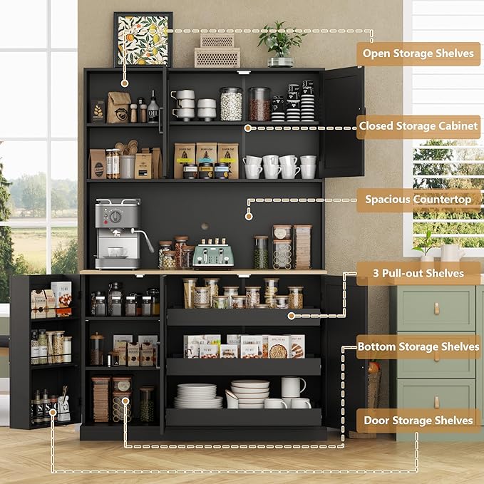 71" Tall kitchen Pantry Storage Cabinet, Modern Kitchen Hutch with 3 Pull-out Drawers, Kitchen Pantries with Microwave Stand & Door Shelf, Food Pantry with Adjustable Shelves for Dining Room (Black)