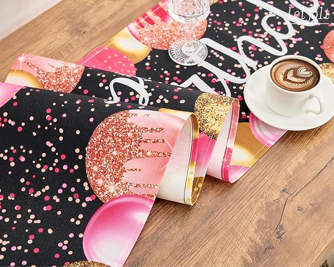 Letjolt Golden Rose Pink Balloon Happy Birthday Table Runner 72 Inches Celebrate Birthday Party Table Decor