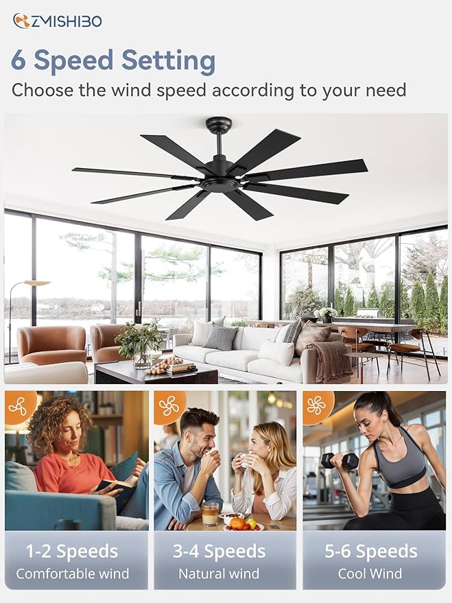 62 Inch Ceiling Fan No Light with Remote Control, 8 Blades Quiet DC Reversible Motor, 6-Speed, Timer, Black Finish, Indoor Outdoor Ceiling Fans for Patios, Living Room, Garage