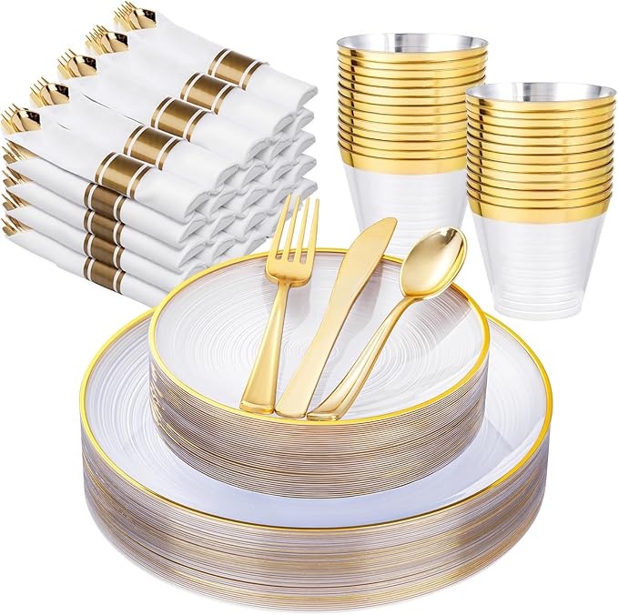 Morejoy 175PCS Clear Gold Plastic Plates - Disposable Gold Party Plates & Pre Rolled Napkins with Cutlery for 25 Guests, 50Plates, 75Silverware, 25Cups, 25Napkin for Party & Thanksgiving