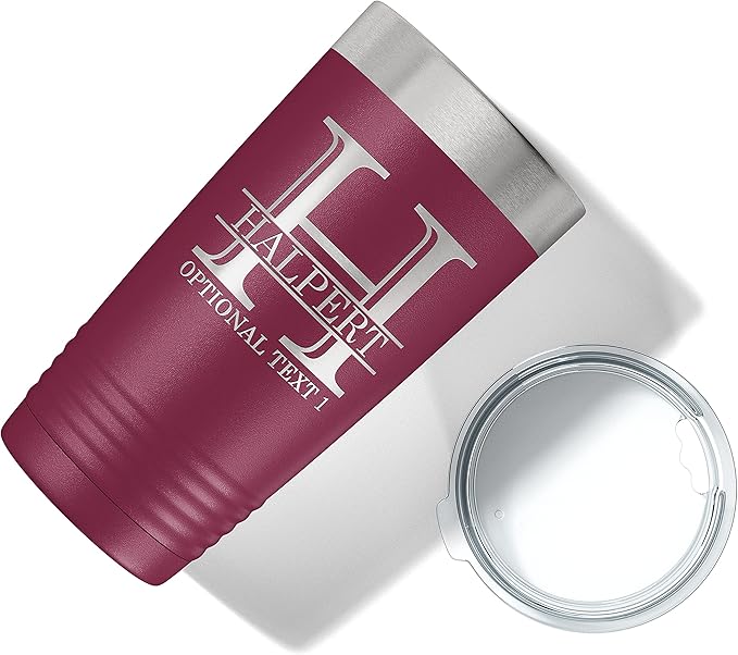 Personalized 20oz (17 Colors) Powder Coated Insulated Stainless Steel Tumbler with Lid, Custom Etched, Customized Engraved Gift Idea for Women Men Her Him, Halpert Monogram Initial Name (Maroon)