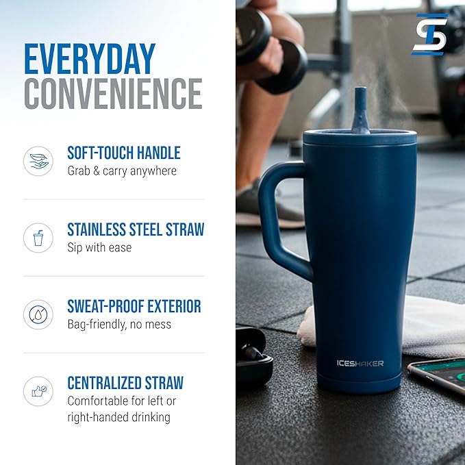 Ice Shaker 32 oz Tumbler with Handle and Straw | 32oz Navy | Cold for 30+ Hours | 2-in-1 Tumbler Shaker Bottle | Odor-Free 32 ounce Bottle for Water, Protein Shakes, Smoothies, Cocktails