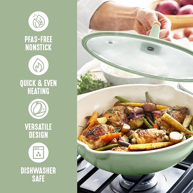 GreenLife Nonstick 12??(5QT) All in One Deep Skillet Wok with Lid, PFAS-Free Non-Toxic Ceramic Multi-Purpose Pan, Induction, All Stovetop, Egg, Stir Fry, Saute, Stay Cool Handle, Sage Green