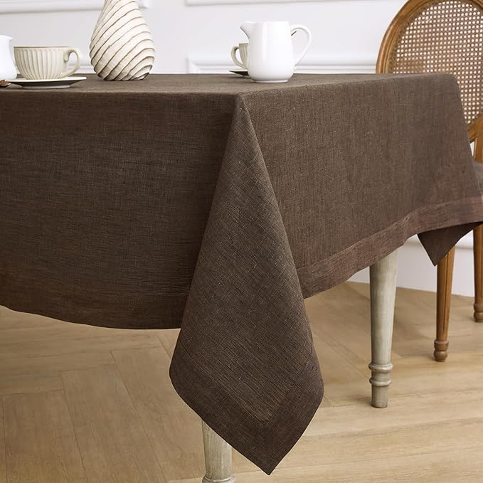 Solino Home Linen Tablecloth 60 x 144 Inch - 100% Pure Linen Chambray Brown Table Cloth for Rectangle Tables - Athena, Machine Washable Tablecloth