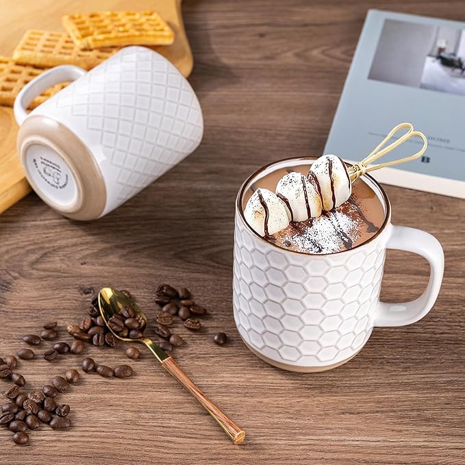 GBhome Large Coffee Mugs Set of 4, 16oz Handmade Stoneware Coffee Mugs Set with Large Handle for Cappuccino/Latte/Tea/Hot Cocoa, Dishwasher & Microwave Safe, Off White