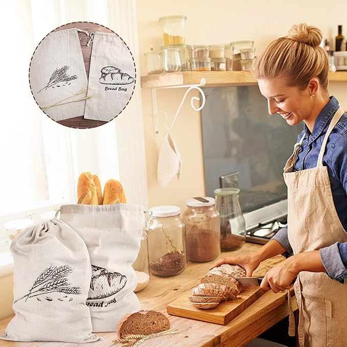 Bread Bags With Liner,2-Packs Linen Bread Bags With Liner for Homemade Container,17.6횞11.6Inches Unbleached&Reusable Loaf Storage,Natural Large Storage for Artisan Roll,With 4 Pieces Bread Clip