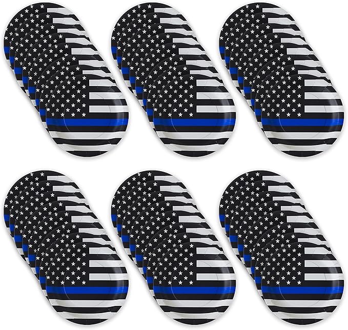 Havercamp Police-Thin Blue Line 9??Plates (48 pack)! 48 Lg. Round Dinner Plates in the Official Thin Blue Line Flag Pattern.
