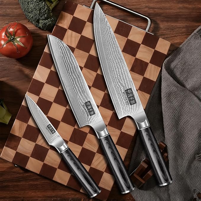 MDHAND Damascus Kitchen Knife Set 3-Piece, Ultra Sharp Professional 67 Layers 10Cr15CoMoV Super Steel Japanese Chef Knife Set with Pakkawood Handle, Including Chef, Santoku & Paring Knife, Elegant Box
