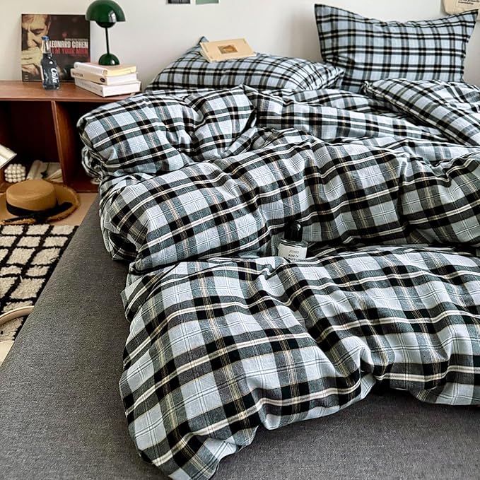 LifeTB Vintage Buffalo Plaid Comforter Set King, Modern Style Grey Black Grid Bed Comforter with 2 Pillowcases, 3 Pieces Soft Fluffy Checkered Pattern Comforter Farmhouse Gingham Plaid Bedding Set
