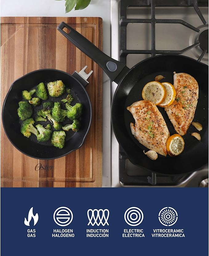 Oster SmartHandle 2-Piece Fry Pan Set, 11-Inch & 9-Inch Nonstick Skillets with Removable Handle ??Oven & Dishwasher Safe, Space-Saving Cookware