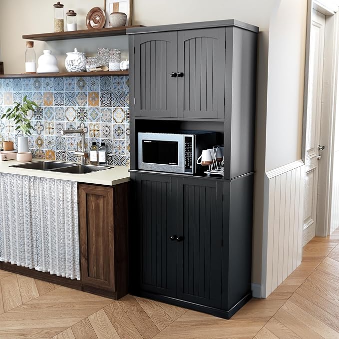 HLR 72" Kitchen Pantry Storage Cabinet, Freestanding Larder Cupboard, Kitchen Hutch Cabinet with Microwave Stand,Utility Pantry with Doors and Shelves for Dining Room, Living Room