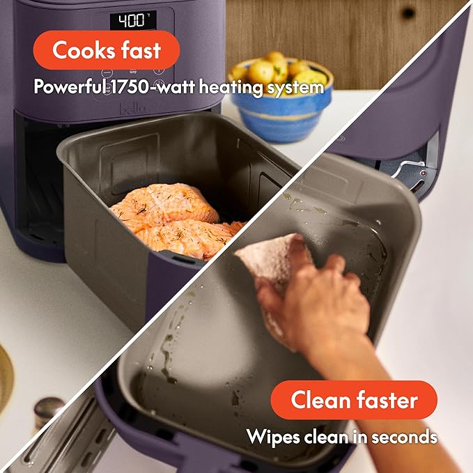 bella 6 Qt Slim Air Fryer, Fits-anywhere??Kitchenware, EverGood??Ceramic Nonstick Coating, Adjustable Temperature, 6 Preset Cooking Options, 60 Min Auto Shutoff w Audible Tone, 5lb Capacity, Plum