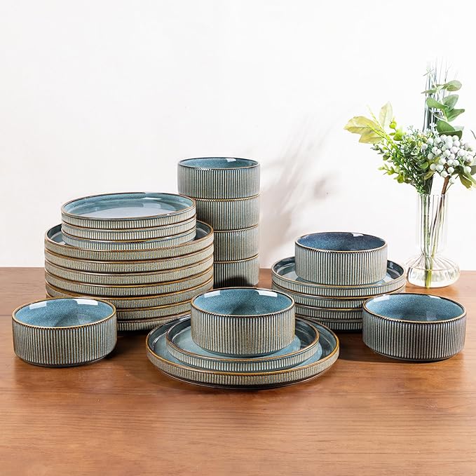 GBHOME Stoneware Dinnerware Sets for 8,Round Reactive Glaze Ceramic Plates and Bowls Set,Highly Scratch Resistant| Dishwasher & Microwave Safe Dishes Set,Service for 8(24pcs)