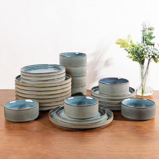 GBHOME Stoneware Dinnerware Sets for 8,Round Reactive Glaze Ceramic Plates and Bowls Set,Highly Scratch Resistant| Dishwasher & Microwave Safe Dishes Set,Service for 8(24pcs)