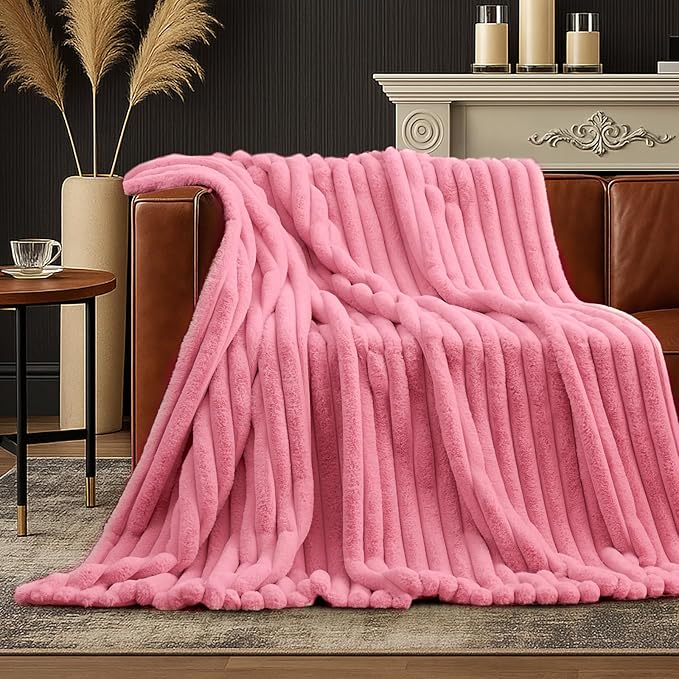 Am챕lie Home Faux Fur Throw Blanket for Couch, Cozy Fuzzy Fluffy Fur Luxurious Soft Striped Plush Gift Blankets for Family Sofa Chair Bedroom, 55"x70", Pink