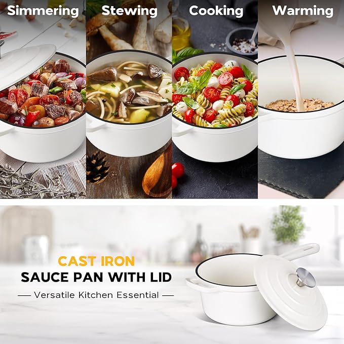Onader 2 Quart Saucepan Dutch Oven, Enameled Cast Iron Sauce Pan Pot with Lid, Small Cooking Kitchen Pot, Nonstick & Oven Safe ??White