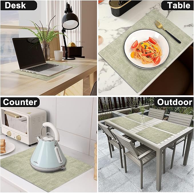 LANDVIEW Leather Heat Resistant Placemats Set of 6 Waterproof Wipeable Washable PU Table Mats,Easy to Clean Anti-Slip Place Mats (Light Green, 6)