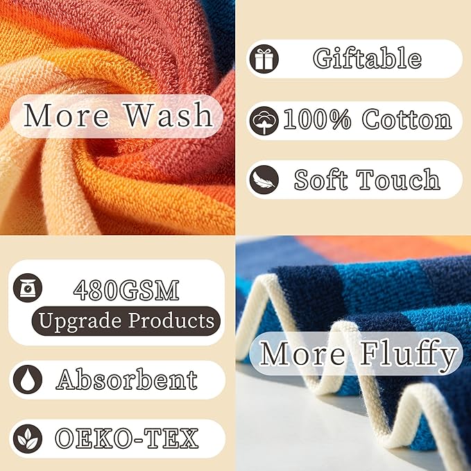 Colorful Bath Towels (4PC, 28"x52") - 100% Cotton | 480GSM | Soft | Absorbent, Bathroom Towels Decorative Set, Fluffy Bath Towel for Shower, Painted Bath Towel Set with Hang Loops, Red and Orange