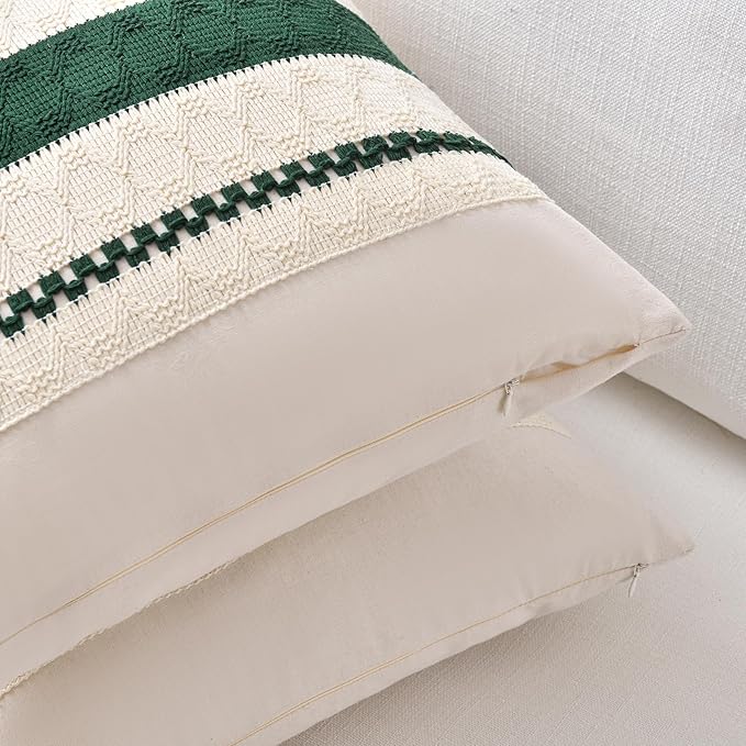 Fancy Homi Set of 2 Dark Green Boho Decorative Throw Pillow Covers 22x22 Inch for Couch Bed Sofa Bedroom Indoors, Modern Farmhouse Vintage Forest Green Living Room Decor