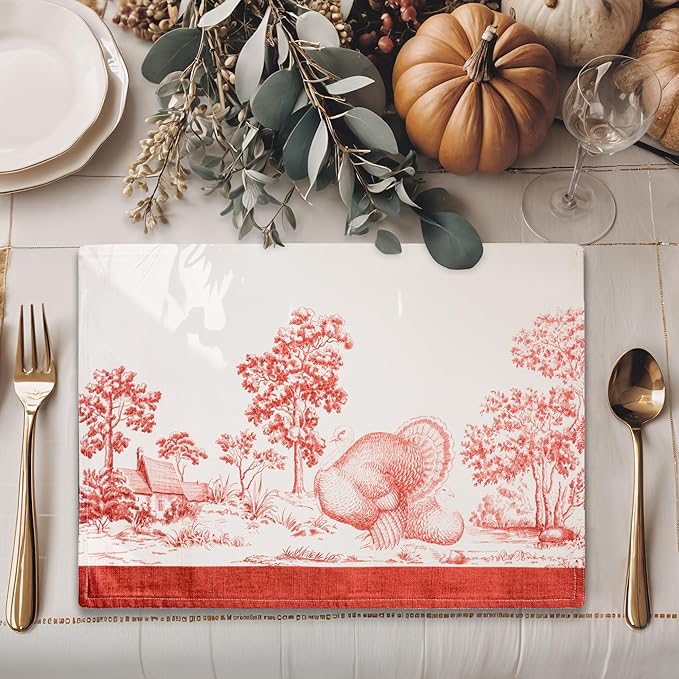 Maison d' Hermine Placemats Set of 4 100% Cotton Washable Cloth Place Mats, Reusable Table Mats for Thanksgiving Christmas Decorations Kitchen Dining Party Wedding (Holy Jouy - Brown, 13" x 19")
