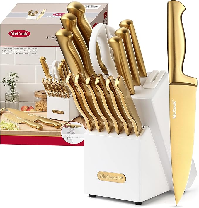 McCook짰 Knife Sets, Golden Titanium Stainless Steel Kitchen Knife Block Sets with Built-in Sharpener
