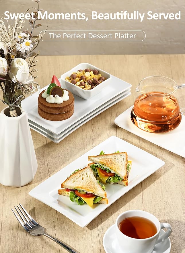 Yedio Porcelain Rectangular Dinner Platters, 9.75 Inch Rectangle Serving Plates for Sushi, Snacks, Cake, Meat & Appetizers, Set of 4, Elegant White Design