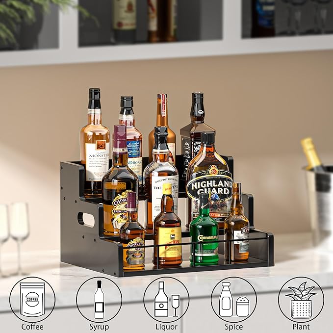Liquor Bottle Display Shelf,Wood Syrup Organizer Rack,3 Step Countertop Organizer Wine Rack,Rustic Coffee Station Accessories for Syrup (Black)