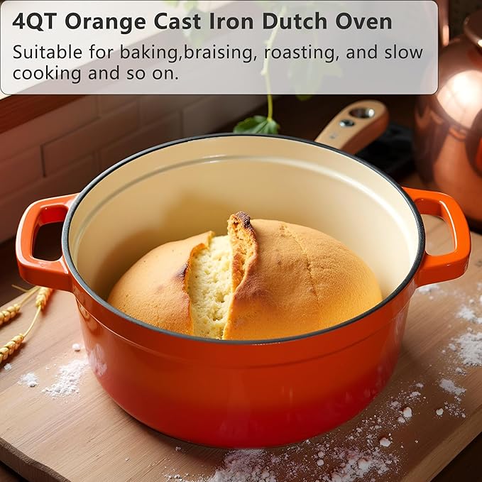 Enameled Cast Iron Dutch Oven with Lid, Orange, Round, 4Quart, Heat-Resistant Handles, for Cooking, Baking (Orange, 24CM)