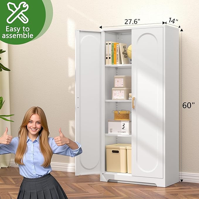 60" Tall Kitchen Pantry Storage Cabinet,Black Freestanding Cupboard Cabinet with 2 Doors and 3 Adjustable Shelves for Diningroom,Bathroom,Laundry,Living Room