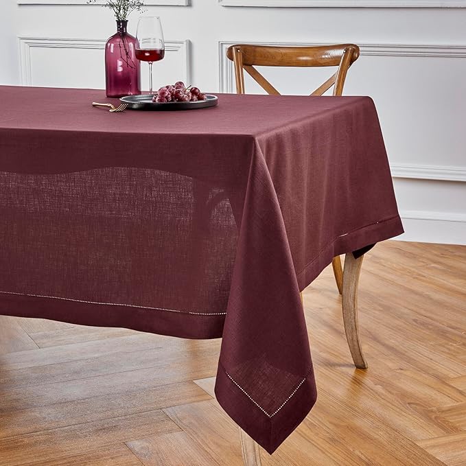 Solino Home Linen Burgundy Tablecloth 60 x 90 Inch - Classic Hemstitch, 100% Pure Linen Rectangular Tablecloth - Machine Washable Table Cloth for Valentines, Winter