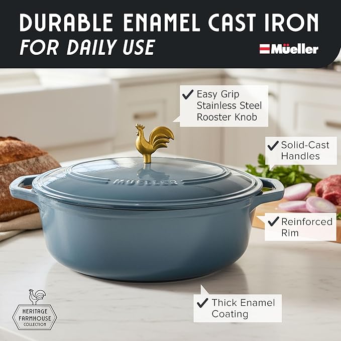 MUELLER HOME 5.5 Quart Enameled Cast Iron Oval Dutch Oven w Rooster Knob & Cotton Potholders, Heavy-Duty Cookware, Oven-Safe up to 500째 F & Across All Cooktops, Gifts for Grandma & Women, Mineral Blue