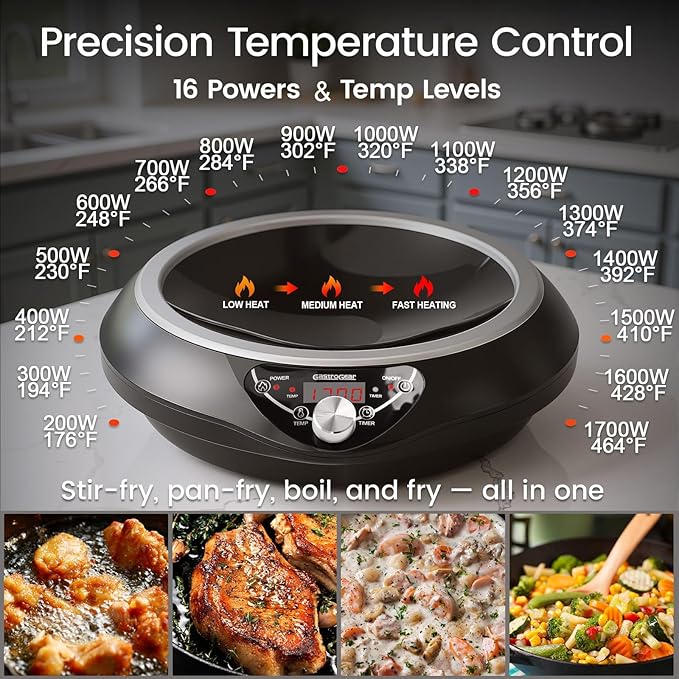 Induction Wok Cooktop Set, 2025 New & Improved Electric Skillet Induction Burner w/Carbon Steel Wok, Glass Vented Lid, Rack, 176째F to 464째F, 18 Hrs Timer, Auto-off (Black 110V~120V)