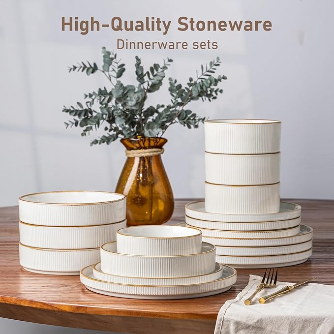 GBHOME Stoneware Dinnerware Sets for 8, Round Reactive Glaze Ceramic Plates and Bowls Set, Highly Scratch Resistant | Dishwasher & Microwave Safe Set竊똕ervice for 8竊?4pcs),Pearl White
