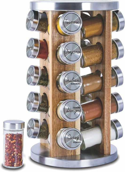 Orii 20 Jar Spice Rack with Spices Included - Tower Organizer for Kitchen Spices and Seasonings, (Natural Acacia Wood)