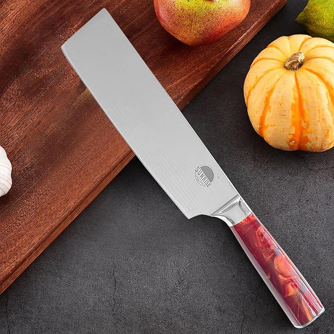 Professional 2-Piece Kitchen Knife Set, Nakiri and Paring Knives, Stainless Steel with Red Marbled Handle (Red)