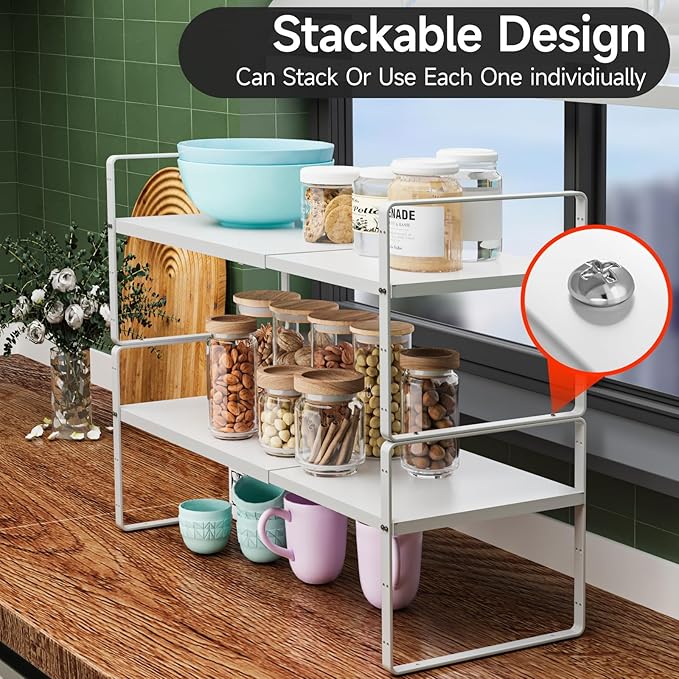 16.5-27?쇺셂 Expandable Kitchen Shelf Organizer, Stackable Shelves Organizer, Adjustable Height Pantry Spice Rack for Cabinet, Countertop, Pantry and Cupboard, White
