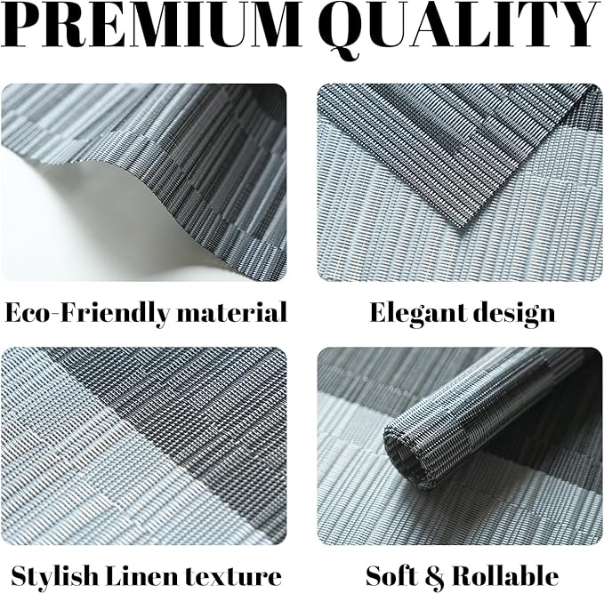SUMYMERY Placemats Set of 8 Vinyl/Plastic Woven Place Mats for Kitchen Table Indoor/Outdoor Washable Placemat Wipeable Dining Table Mats (Ombre Silver Grey Black,8)