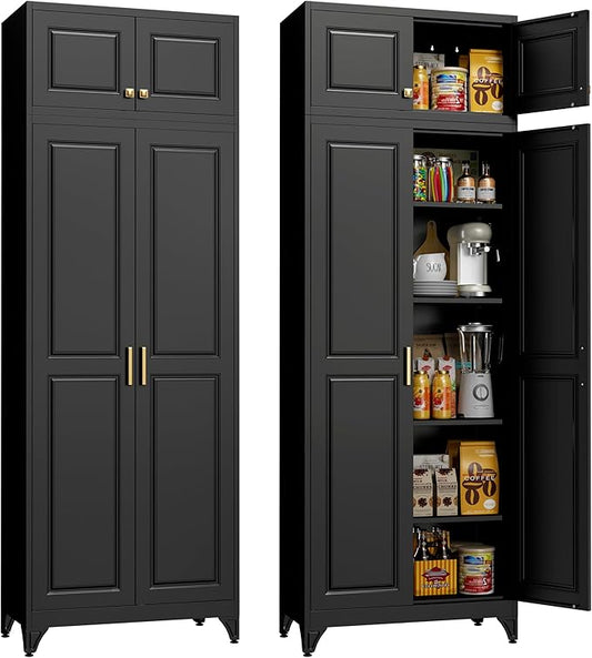 Kitchen Pantry Storage Cabinets, 90" Tall Metal Storage Cabinet with Doors and 4 Shelves, Black Pantry Cabinet, Utility Kitchen Cupboard, Large Steel Cabinets for Dining Room, Office, Living Room
