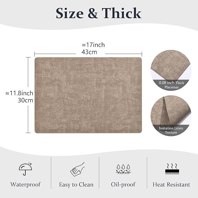 FROMHEART Faux Leather Placemats Set of 8?밯aterproof,Heat/Oil Stain-Resistant PU Table Mat?밨eversible,Non-Slip,Easy to Clean Place Mats for Kitchen,Dining,Indoor/Outdoor,(Light Coffee,11.8" x 17")